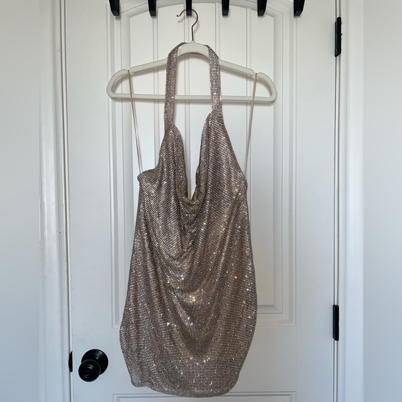 Meshki Low Back Diamante Mesh
Mini Dress Rhinestone Metal in Gold | Medium - Picture 4 of 5